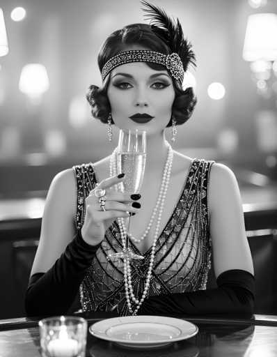 A woman is seated at a table with her hand on a wine glass and wearing an elegant black dress adorned with pearls. The background features a blurred restaurant setting with other patrons present but not discernible due to the focus on the woman in the foreground.