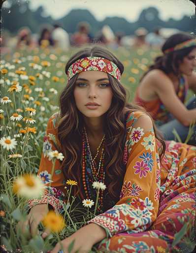 A young woman with long brown hair is sitting on a bed of flowers in a field, wearing an orange dress and a headband adorned with white flowers. The background features trees and other people scattered throughout the scene.