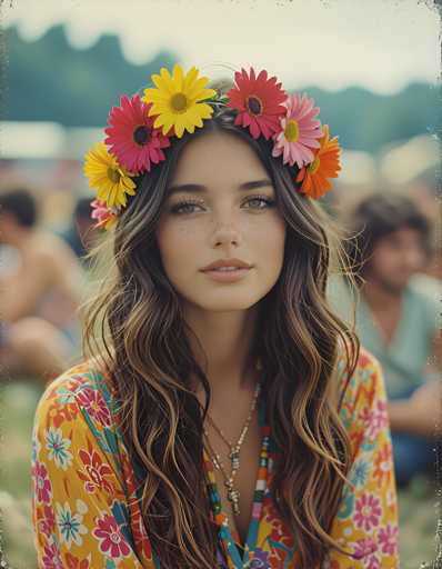 A young woman with long brown hair is wearing a colorful flower crown made up of yellow and pink flowers on her head. She is dressed in an orange and white floral dress that stands out against the background. The setting appears to be outdoors, possibly at a festival or event, as there are other people visible in the image but they are blurred and not the main focus.