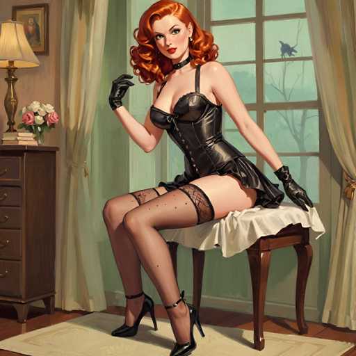 A woman with red hair and a black dress is seated on a wooden chair in front of a window, wearing high heels and holding a book.