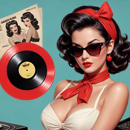 The image depicts a woman with long dark hair wearing a red headband and sunglasses, standing next to a record player and a magazine featuring two women on the cover.