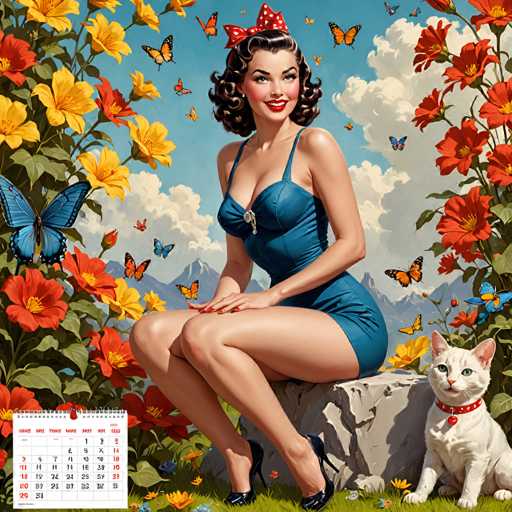 A woman is seated on a rock surrounded by flowers and butterflies. A cat is standing next to her. The image features a calendar with a vibrant illustration of the woman and the cat against a backdrop of colorful flowers and butterflies.