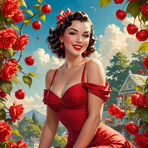 The image depicts a woman with red hair and a red dress sitting on a bench surrounded by cherry trees and bushes. The background features a clear blue sky and fluffy white clouds.