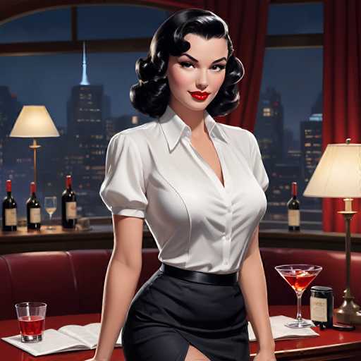 A woman with black hair and a white blouse is standing at a table with wine glasses on it. The table also has a book and a glass of red wine.