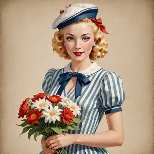 A woman with blonde hair and blue eyes is holding a bouquet of red and white flowers against a beige background. She is wearing a blue and white striped dress with a bow on the waist.