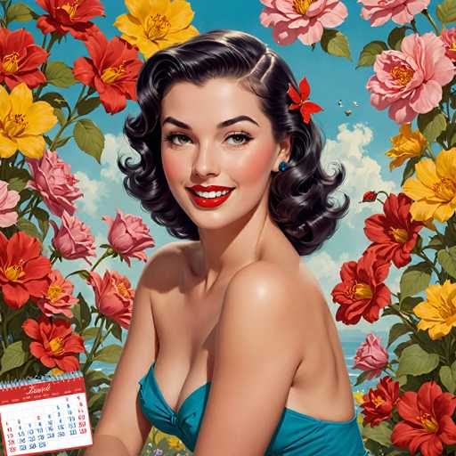 The image is an illustration featuring a woman with long dark hair and a short bob styled in loose waves. She has her shoulders back and is wearing a blue dress that contrasts with the vibrant colors of the flowers surrounding her. The background is filled with a variety of colorful flowers, including red roses, yellow daisies, pink carnations, and purple irises. The illustration is framed by a border of white flowers, adding to its overall charm and appeal.