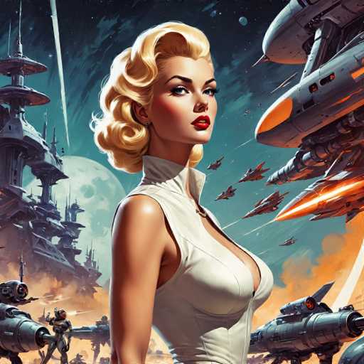 The image depicts a woman with blonde hair and red lipstick standing in front of a futuristic cityscape filled with flying spaceships and other advanced technology. The background is dominated by the night sky, which is dotted with stars and planets.