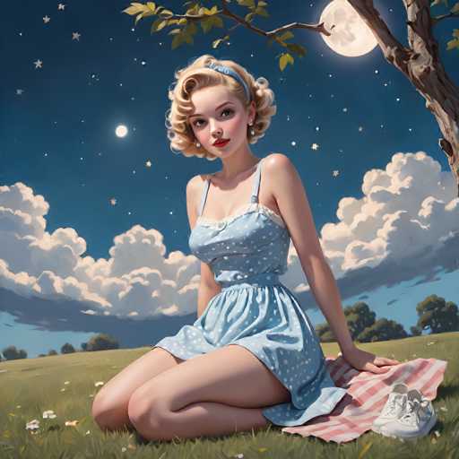 A woman with blonde hair and a blue dress is sitting on the grass under a tree, wearing white shoes and holding a pink blanket.