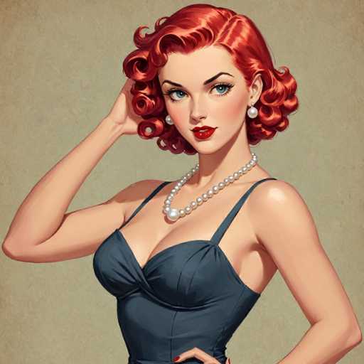 The image depicts a woman with red hair wearing a blue dress and pearl necklace. She is posing for the camera with her hand on her head and looking directly at the viewer. The background features a beige color that complements the woman's attire.