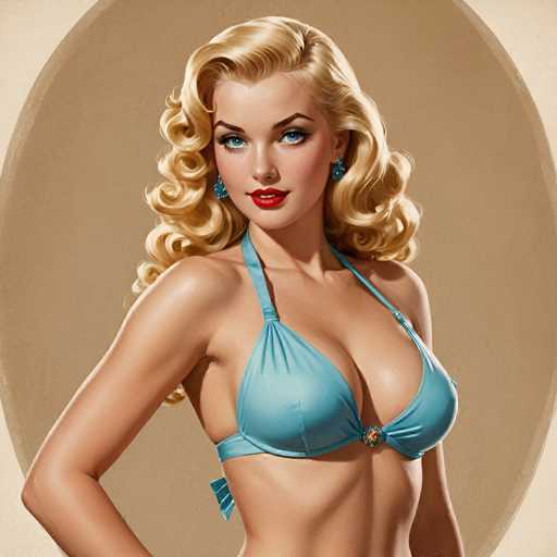 A woman with blonde hair and blue eyes is standing against a brown background. She is wearing a blue bikini top that has a gold buckle on the front. The woman's pose suggests she is posing for a portrait or photograph.