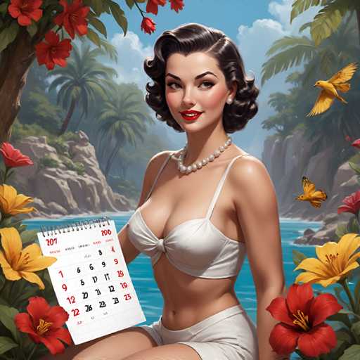 The image depicts a woman sitting on a rock by a river with a tropical setting featuring palm trees and flowers. The woman is wearing a white bikini top and shorts, holding a calendar that says "2007" in the center of her lapel.