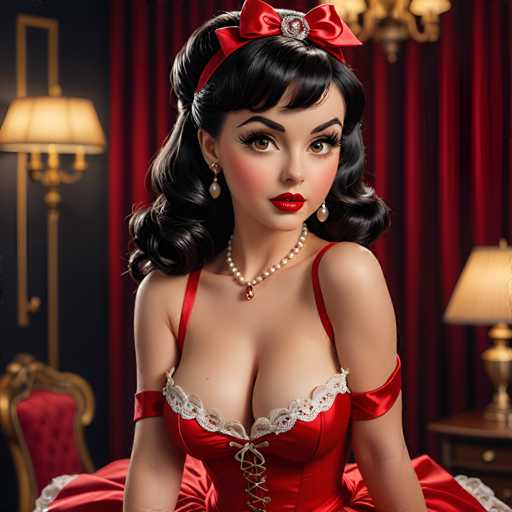 The image depicts a woman with striking red hair and lipstick wearing a corseted dress that is predominantly red with white lace detailing. She has her arms crossed over her chest and is looking directly at the camera. The background features a red curtain and a gold lampshade on a table, creating an elegant and luxurious atmosphere.