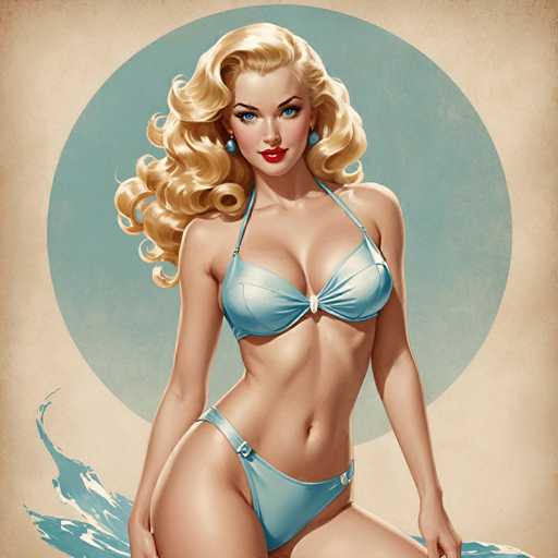 The image depicts a woman with blonde hair and blue eyes wearing a bikini top and swimsuit. She is posing for the camera against a light blue background that features a circular design. The woman's pose suggests she is confident and comfortable in her attire.