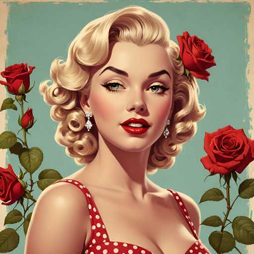 The image depicts a woman with blonde hair and red lips wearing a red dress adorned with white polka dots. She is positioned against the backdrop of two roses, one on each side of her head. The background features a light blue color that complements the woman's attire.