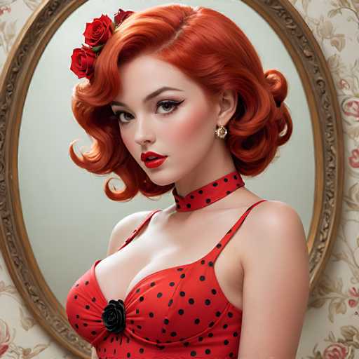 A woman with red hair styled in loose curls is the main subject of this image. She is wearing a red and black polka dot dress that features a black rose on the neckline. The background includes a floral patterned wallpaper and a gold-framed mirror.