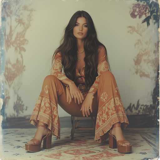 A woman with long brown hair is seated on a wooden stool against a floral wall backdrop. She is wearing an orange and white dress that features a high neckline and a skirt adorned with flowers. The woman's hands are resting on her lap as she gazes directly at the camera, creating a sense of connection between herself and the viewer.