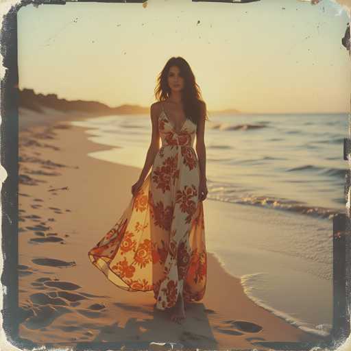 A woman is walking on a beach at sunset, wearing an orange and white floral dress with her hair styled in loose waves. The sky above the ocean has a beautiful gradient of colors, transitioning from warm hues to cooler tones as it ascends towards dusk.