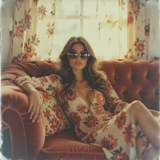 A woman is seated on a red couch with her legs crossed and wearing a floral dress that matches the curtains behind her. She has sunglasses resting on her face and is looking directly at the camera.