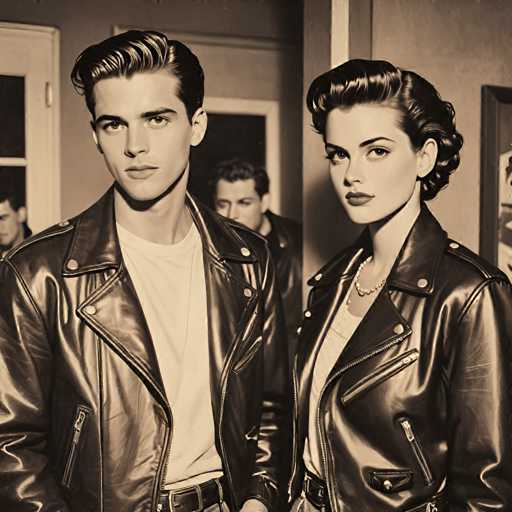 A black and white photograph featuring a man wearing a leather jacket with a white t-shirt and a woman wearing a leather jacket with a necklace around her neck.