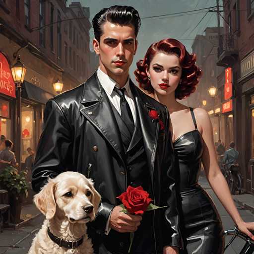 The image depicts a man and woman standing on a city street at night. The man is wearing a black suit jacket and tie, while the woman is dressed in a black dress with red lipstick. A small white dog is also present in the scene.