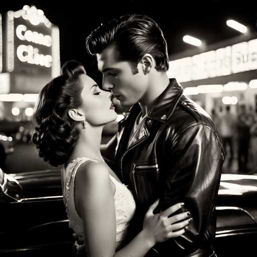 A couple is sharing an intimate moment on a car's hood at night. The man wears a leather jacket and the woman has her hair styled in loose waves. They are both looking directly into each other's eyes with affectionate smiles.