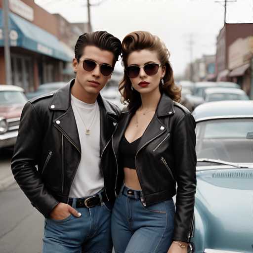 A man and woman standing on a street with vintage cars parked behind them. The man is wearing a black leather jacket and sunglasses while the woman has her hair styled in an elegant updo.