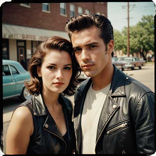 A man and woman stand together on a street corner, with the man wearing a black leather jacket and the woman wearing a black leather vest. The background includes a brick building and trees lining the street.