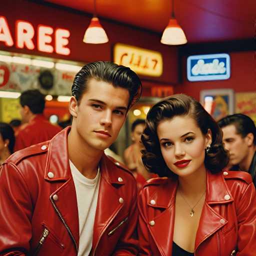A man and woman dressed in red leather jackets sit at a table with neon signs above them, suggesting an indoor setting like a diner or bar.