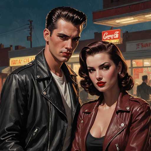 The image depicts two individuals standing side by side on a street at night. The person on the left is wearing a black leather jacket and has short hair styled in a messy bun. On the right, there's a woman with long brown hair who appears to be wearing a red dress. They are positioned next to a building that has a "Coke" sign displayed above it.