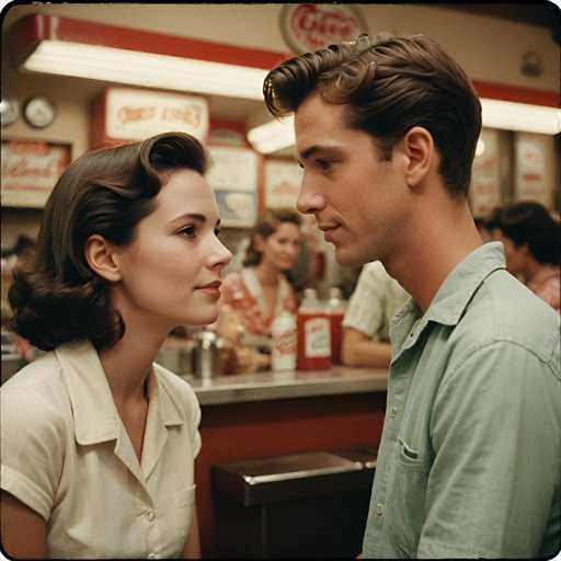 A woman with shoulder-length brown hair and a white blouse is standing next to a man wearing a green shirt at a diner counter. The diner has red walls and a menu board in the background displaying various food items such as "Fries", "Chicken", and "Hot Dog".