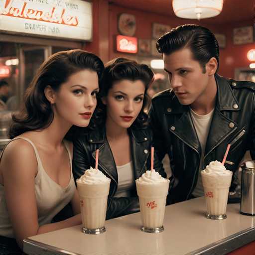 The image shows three people sitting at a table with drinks and whipped cream on top of it. The person on the left is wearing a white tank top and has long hair styled in loose waves. In the middle, there's another individual wearing a black leather jacket and having short hair. On the right side, there's a person wearing a white shirt and also sporting short hair.