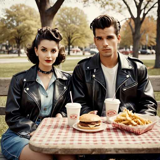 A couple is seated at a picnic table with a checkered tablecloth and two cups of coffee on the table. The man wears a black leather jacket and has short hair, while the woman wears a blue dress and has long dark hair.