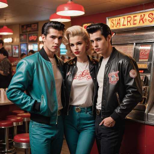 The image shows three young men and a woman standing together in front of a red and white striped diner. The man on the left is wearing a green jacket with a black collar and has his arm casually resting on the counter. In the middle, there's another man wearing a blue jacket with a black collar and also having his arm resting on the counter. On the right side, there's a woman wearing a white shirt with red lettering that says "SUSZREA'S", standing next to her friends.