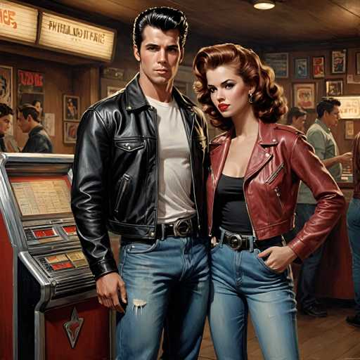 A man and woman stand side by side in a bar or diner setting, with the man wearing a black leather jacket and jeans, and the woman wearing a red leather jacket and blue jeans. The background features a row of posters on the wall behind them, suggesting an older time period.