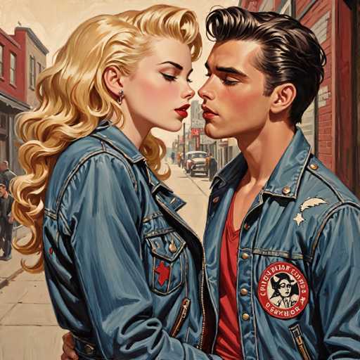 The image depicts a man and woman standing on a city street, with the man wearing a blue denim jacket adorned with red patches and the woman wearing a blonde wig and a red shirt. The background shows buildings and cars, suggesting an urban setting.