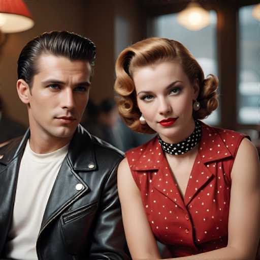 The image shows two individuals seated at a table with a red and white polka dot patterned tablecloth. The person on the left is wearing a black leather jacket and has short dark hair styled in a side part. On the right, there's a woman with blonde hair who is wearing a red dress adorned with white polka dots.