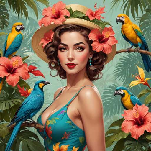 The image depicts a woman wearing a straw hat and a blue dress with orange flowers on it, surrounded by tropical birds such as parrots and macaws. The background is a lush green color, likely representing the foliage of a tropical forest.