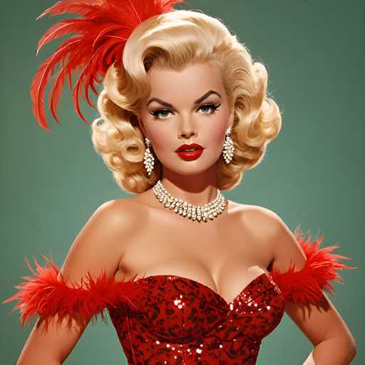 A woman with blonde hair styled in loose curls is the central figure in this image. She is wearing a red sequined dress and a feather boa, which adds an air of glamour to her appearance. The background is a light green color that complements her outfit and enhances the overall visual appeal of the photo.