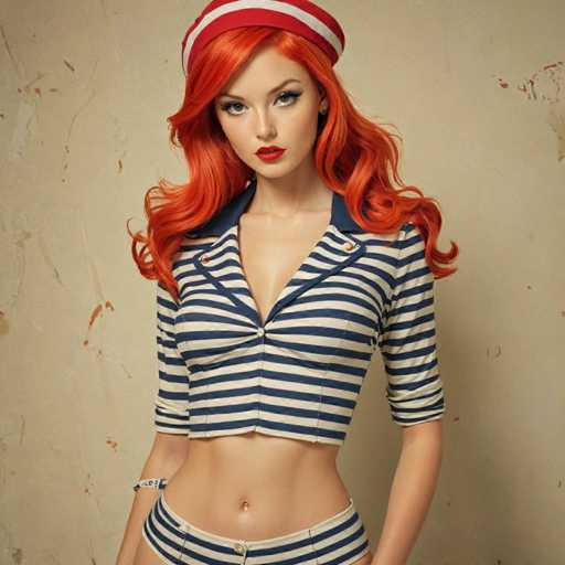 A woman with red hair and a white and blue striped shirt stands against a beige wall backdrop. She is wearing a red hat that matches her vibrant hair color. The image does not contain any text or other objects, focusing solely on the woman's appearance and surroundings.