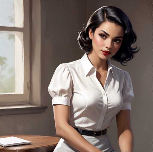 A woman with long dark hair is sitting at a desk next to a window. She's wearing a white blouse and black pants. The image has a vintage style, giving it an old-fashioned feel.