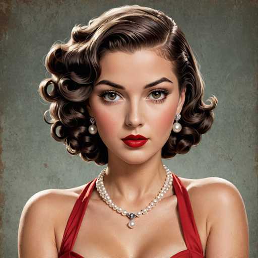 The image shows a woman with long brown hair wearing a red dress and pearl necklace. She is looking directly at the camera with a serious expression on her face. The background of the image is a dark green color that contrasts with the woman's attire.