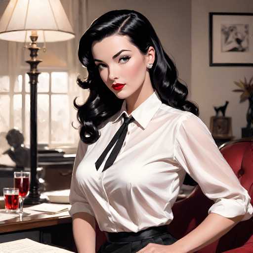 A woman with long dark hair is standing in a room with a lamp and a painting on the wall behind her. She is wearing a white blouse and black skirt, and she has red lipstick on her lips. The background includes a window that lets in natural light, suggesting an indoor setting.