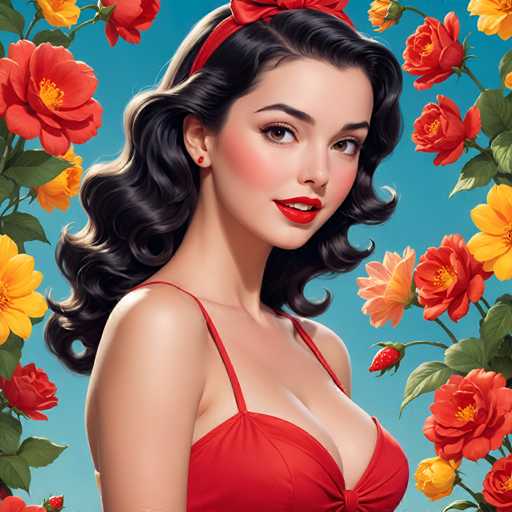 The image depicts a woman with long dark hair wearing a red dress and a red headband. She is positioned against a backdrop of vibrant flowers, including roses and daisies, which are in full bloom. The colors of the flowers contrast beautifully with her red attire, creating a visually striking scene.