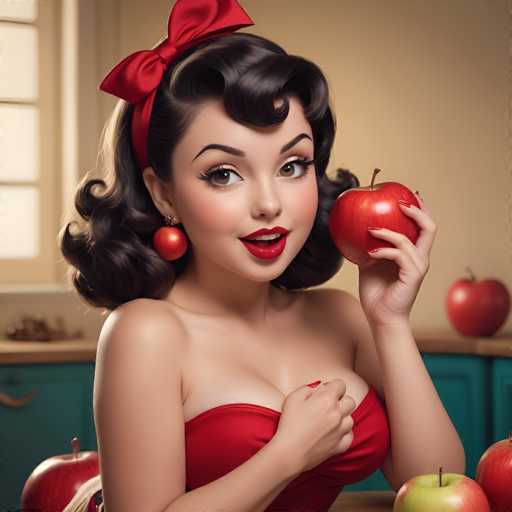 A woman with long dark hair is holding a red apple up to the camera. She is wearing a red dress and has her hands on her hips. The background features a kitchen counter with several apples arranged in front of it.