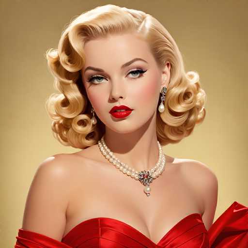 A woman with blonde hair styled in loose curls is the main subject of this image. She is wearing a red dress and has a pearl necklace around her neck. The background is a light yellow color that contrasts with the woman's blonde hair and red dress, making her stand out.