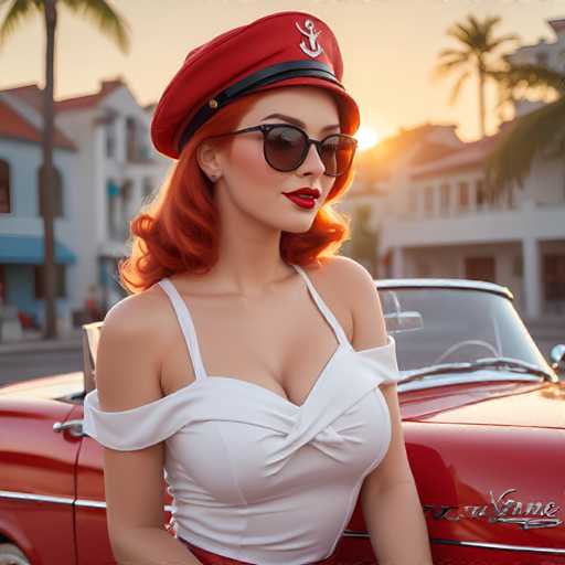 A woman with red hair and a white top is posing next to an old red car on a city street at sunset.