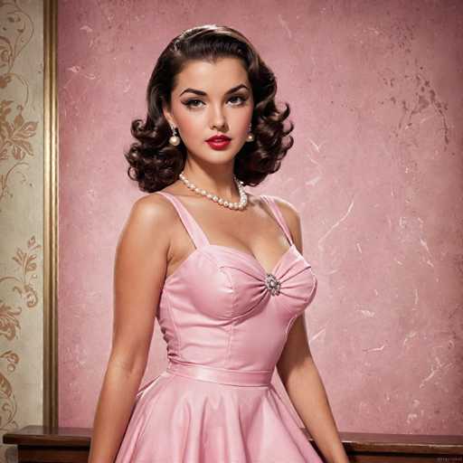 A woman is standing against a pink wall with a floral pattern and wearing a pink dress with a pearl necklace.
