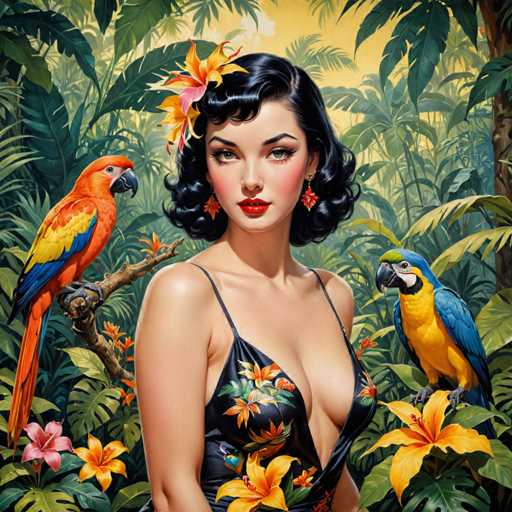 The image depicts a woman with black hair and an orange and blue parrot perched on her shoulder. The background is filled with lush green foliage, including palm trees and flowers.