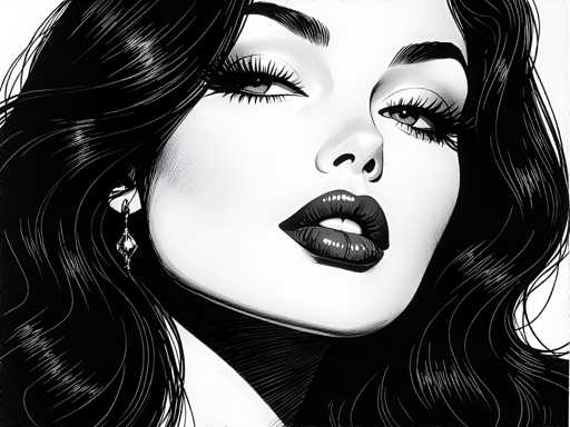 The image is a black and white portrait of a woman with long hair styled in loose waves. The woman's face is the main focus, with her lips painted a bold red color that contrasts sharply against the stark white background. Her eyes are wide open, looking directly at the viewer, conveying a sense of intensity or curiosity. The image does not contain any text or other objects, and there are no discernible actions taking place.