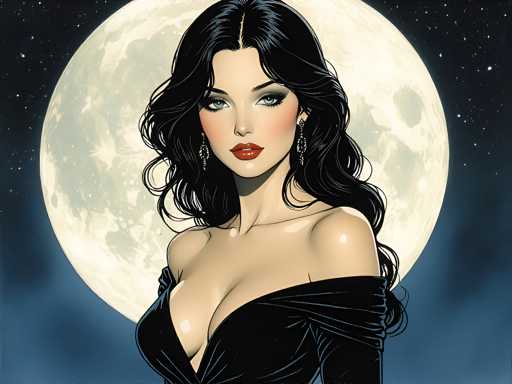 The image depicts a woman with long dark hair wearing a black dress and red lipstick against the backdrop of a full moon. The woman is positioned centrally within the frame, facing towards the right side of the image.